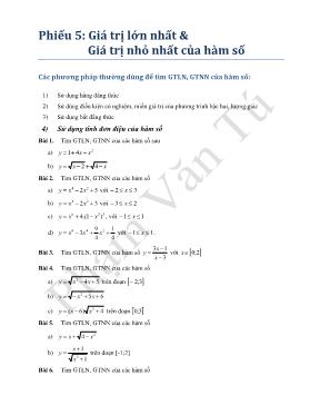 Phiếu học tập Toán Giá trị lớn nhất & Giá trị nhỏ nhất của hàm số